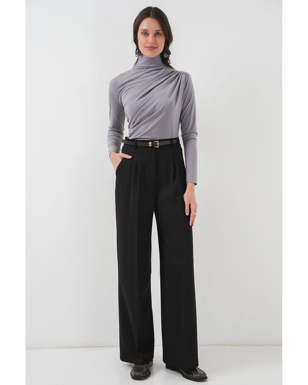 Bigdart Gray Fitted Turtleneck Blouse With Drape Detail