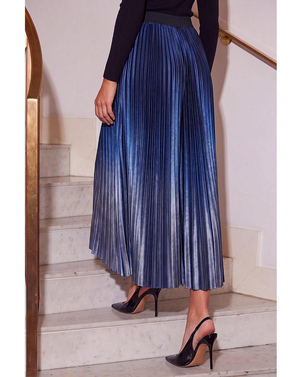 Roman Blue Velvet Ombre Pleated Midi Skirt