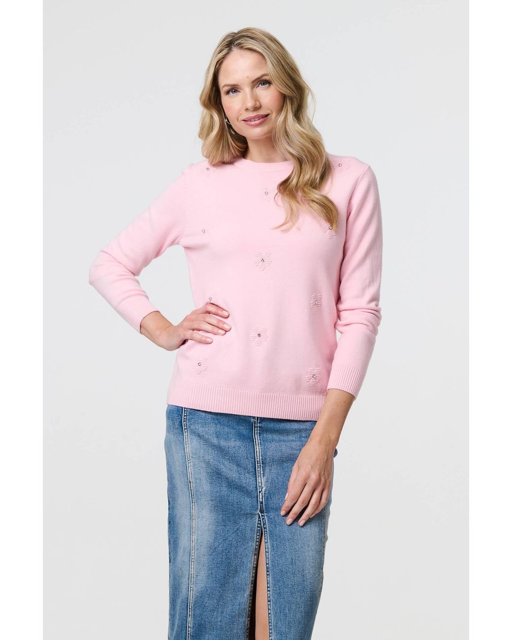 Izabel London Pink Floral Gemstone Embellished Jumper