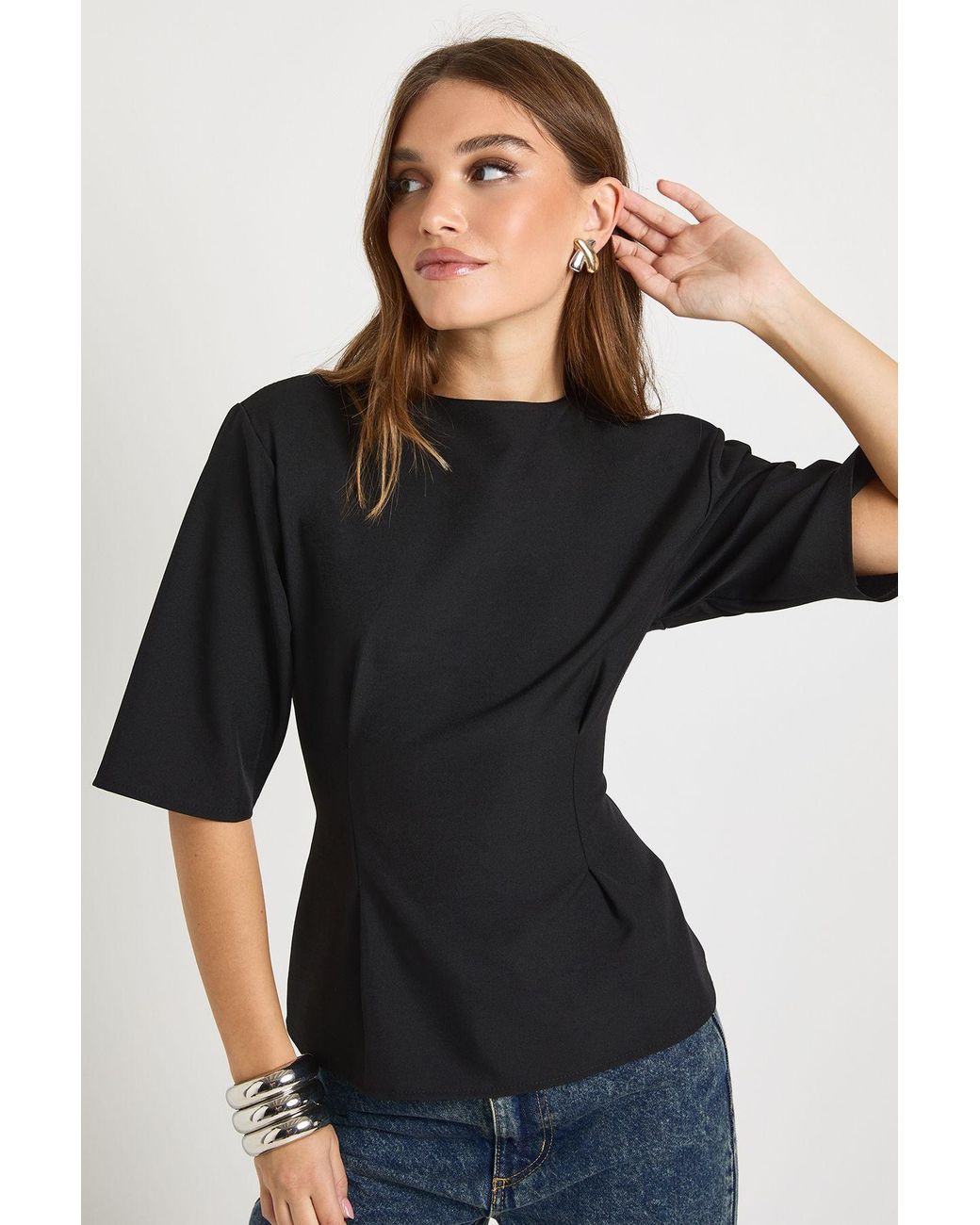 Boohoo Black Woven Marl Cinch Waist Top