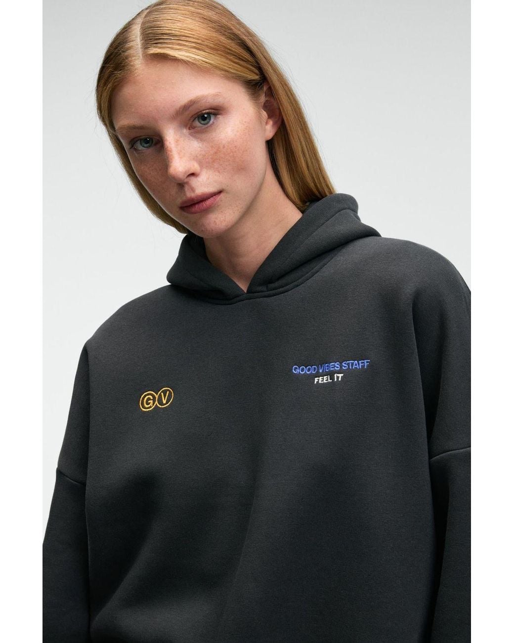 Grimelange Black Oversized Hooded Printed Sweatshirt