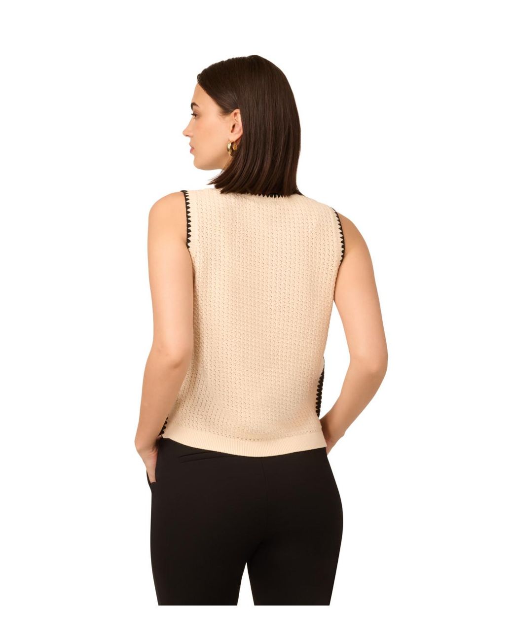 Adrianna Papell Black Sleeveless Contrast Whipstitch Open Weave Crew Neck Sweater