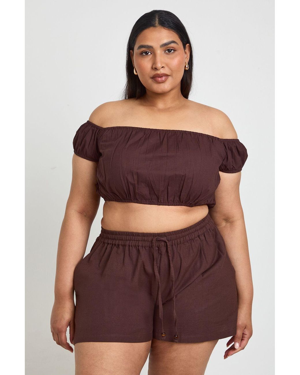 Boohoo Red Plus Linen Beaded Trim Elasticated Waist Short