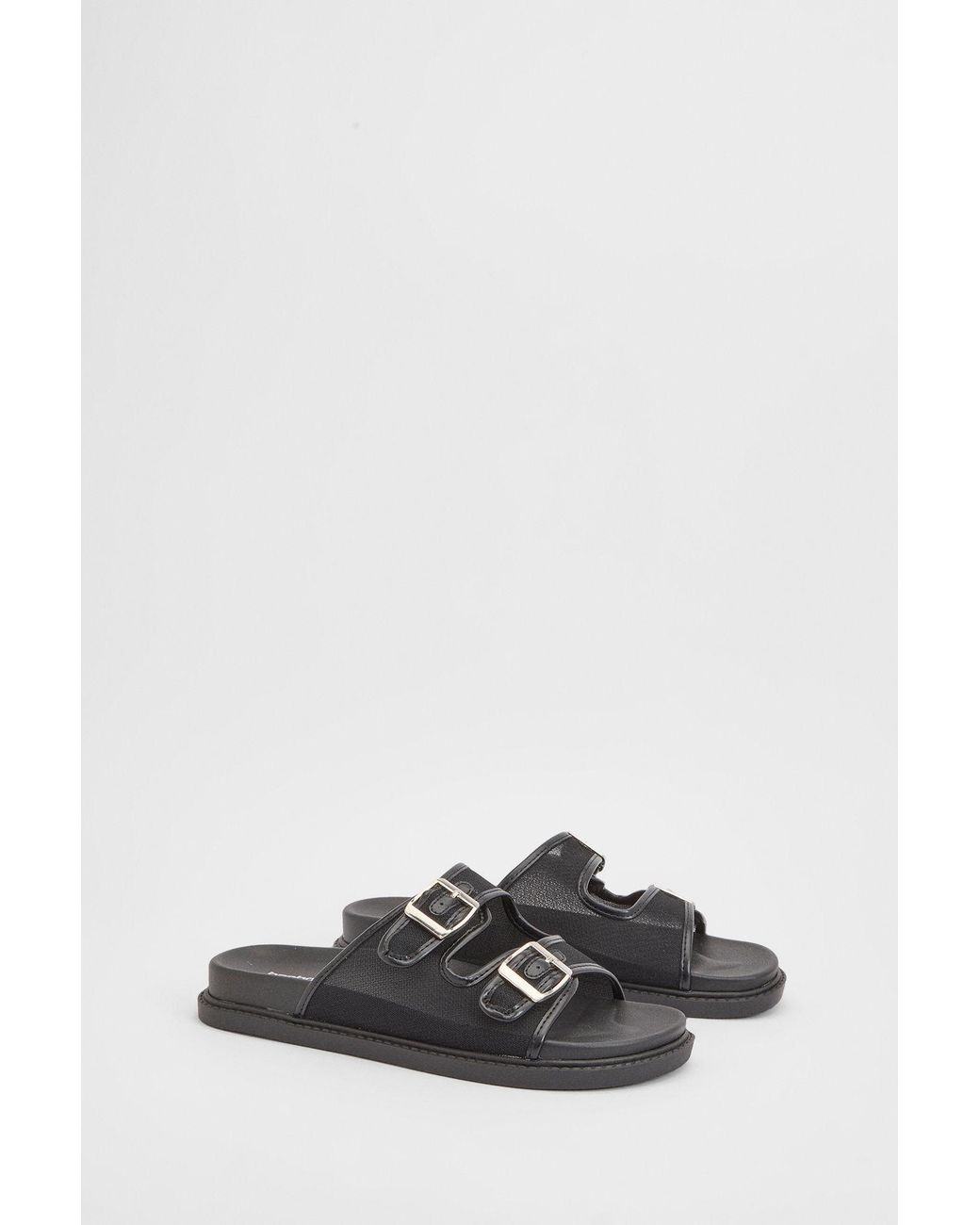Boohoo Black Wide Fit Mesh Double Buckle Sandals