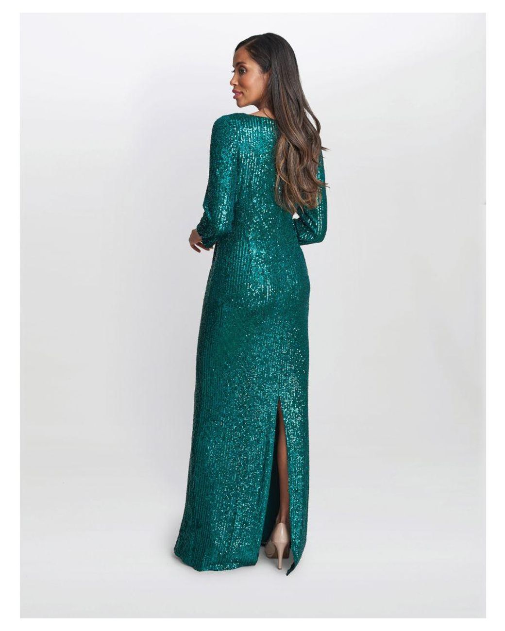 Gina Bacconi Green Jacynda Sequin 3/4 Sleeve Wrap Dress With Twist