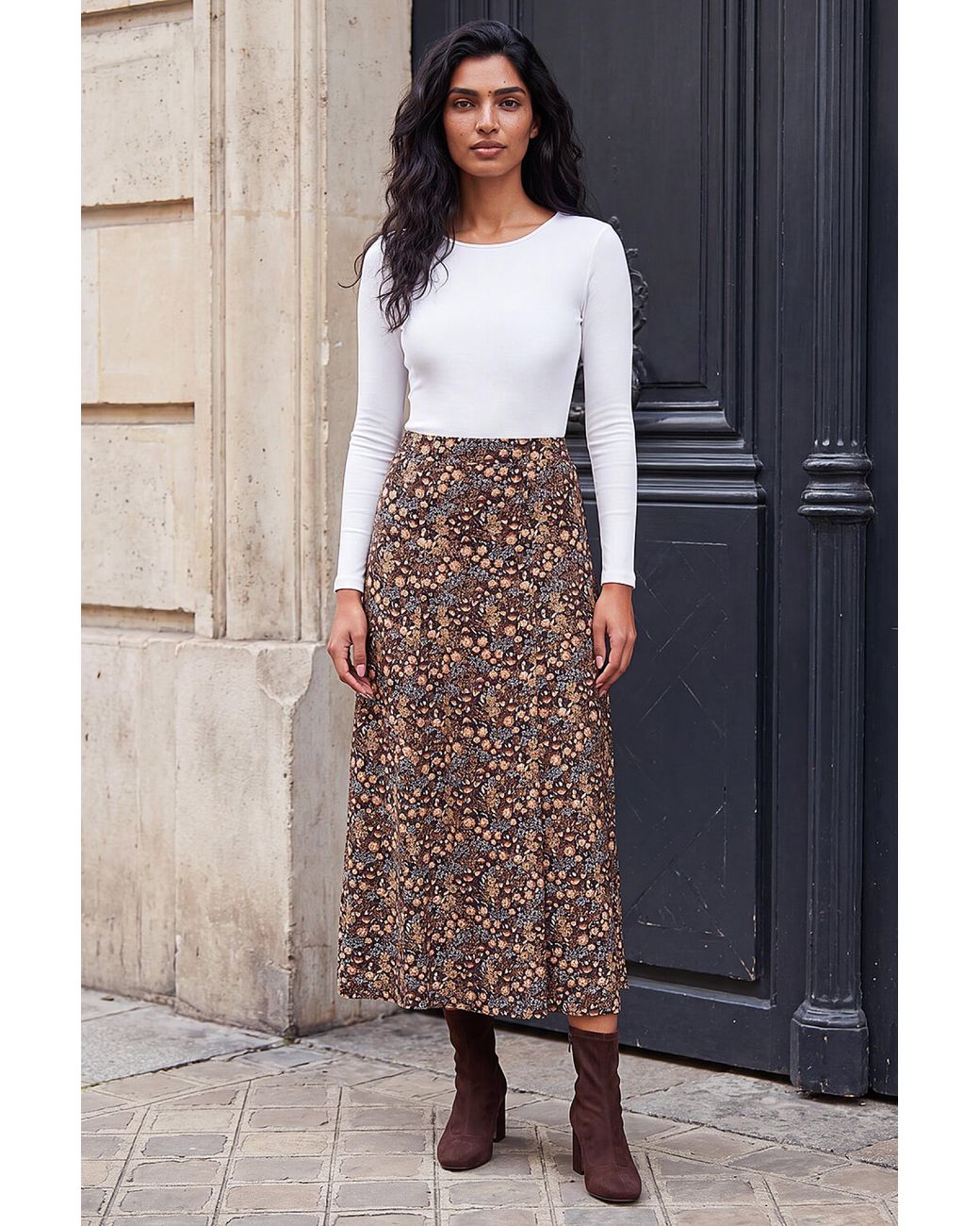 Roman Brown Woodland Floral Print Skirt