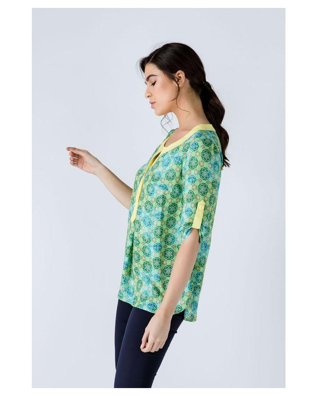 Conquista Green Print Poplin Top With Trim