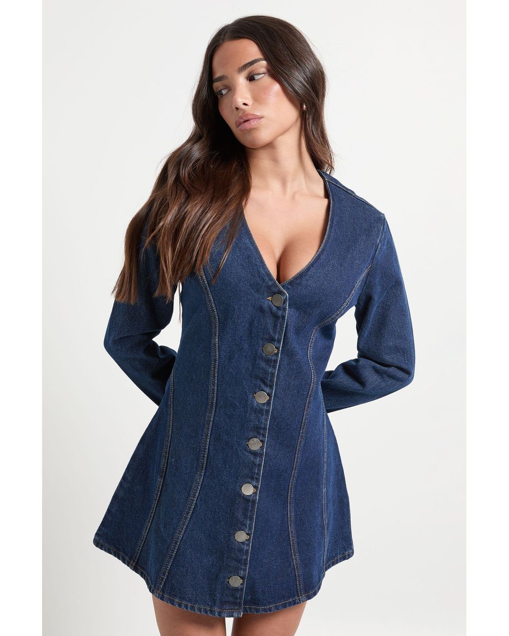 Boohoo Blue Petite Flare Long Sleeve Mini Dress