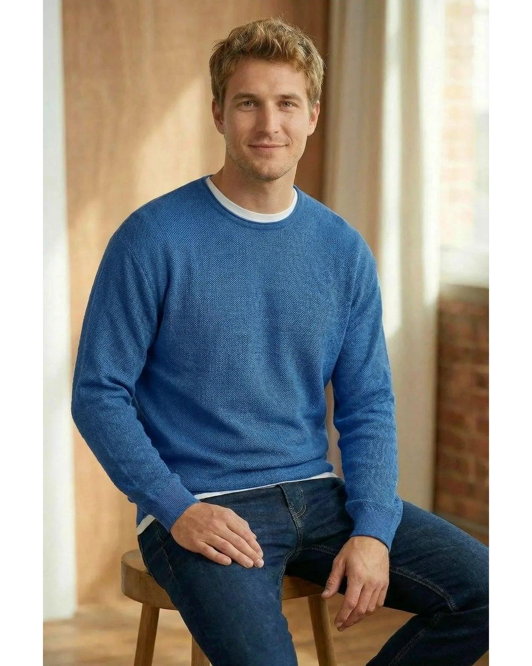 Springfield Blue Roll Edge Crew Neck Spring Sweater for men