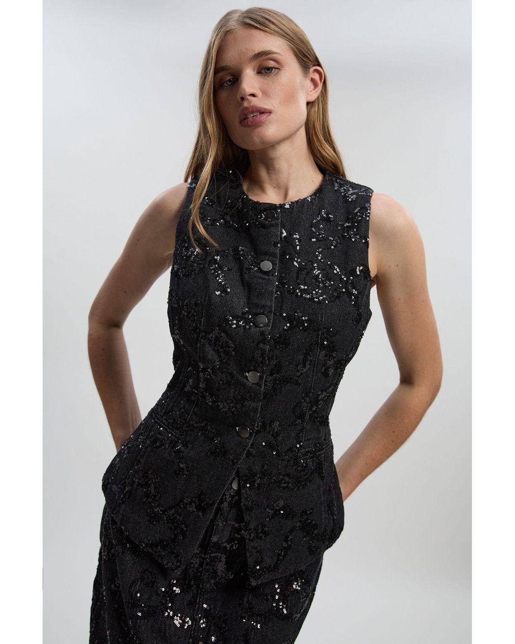 Karen Millen Black Sequin Denim Waistcoat