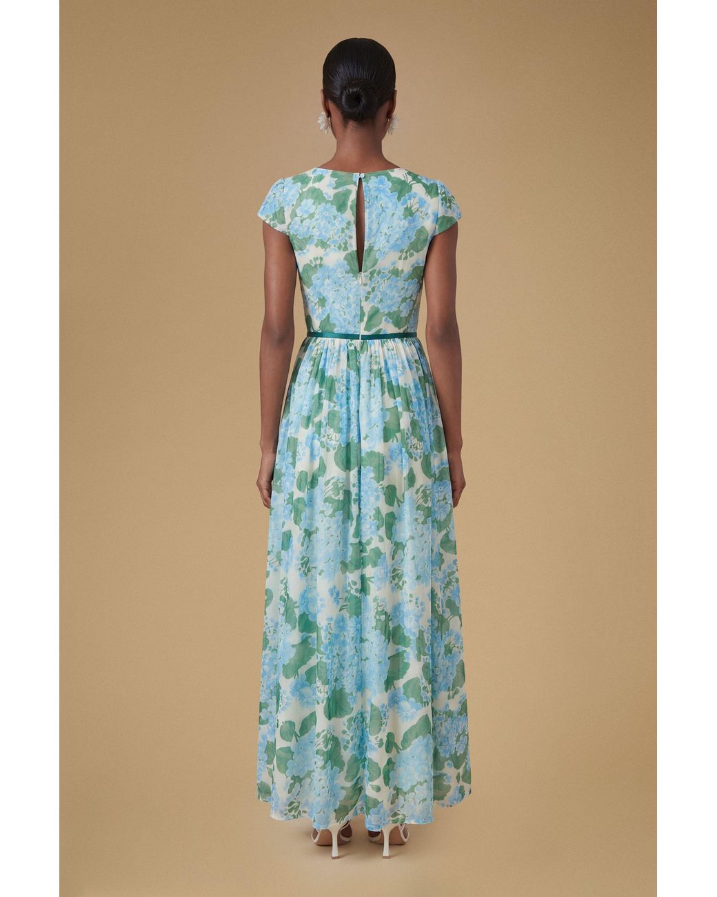 Oasis Blue Cap Sleeve Hydrangea Mesh Maxi Dress