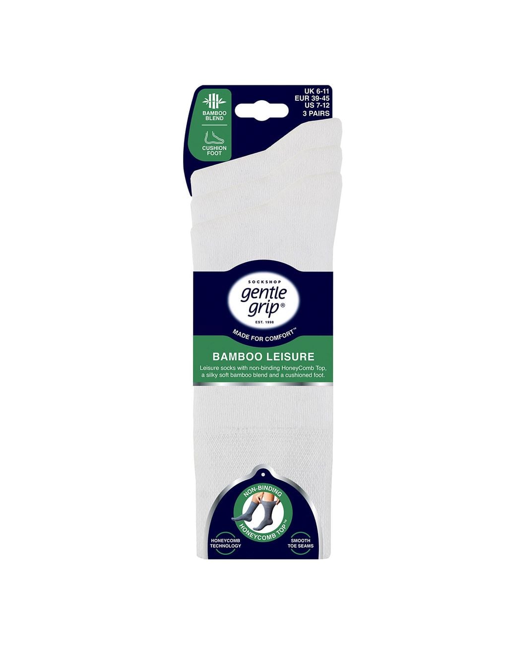 Gentle Grip White 3 Pack Bamboo Socks Soft Breathable Cushioned Crew for men