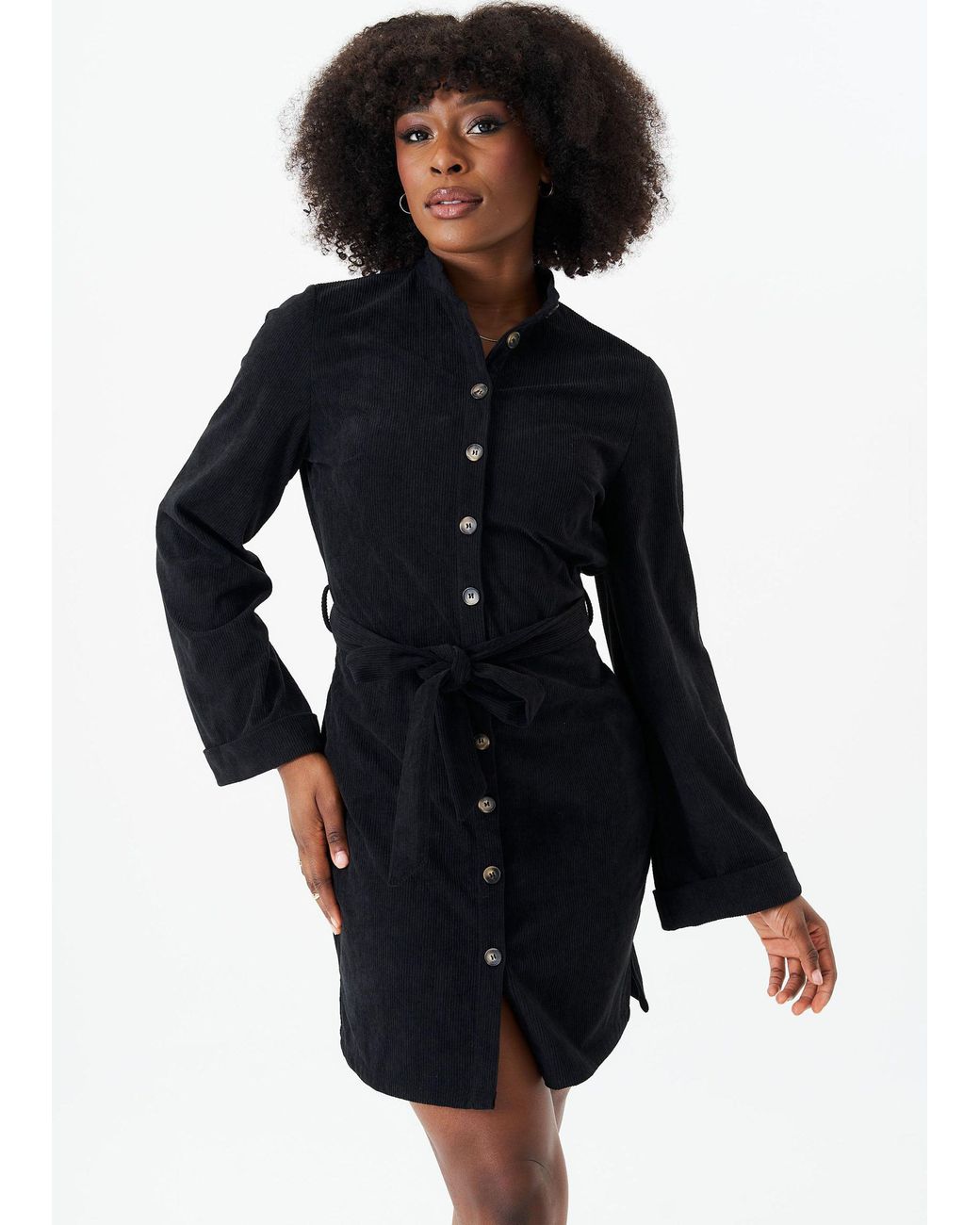 Gini London Blue Button Front Belted Corduroy Shirt Dress