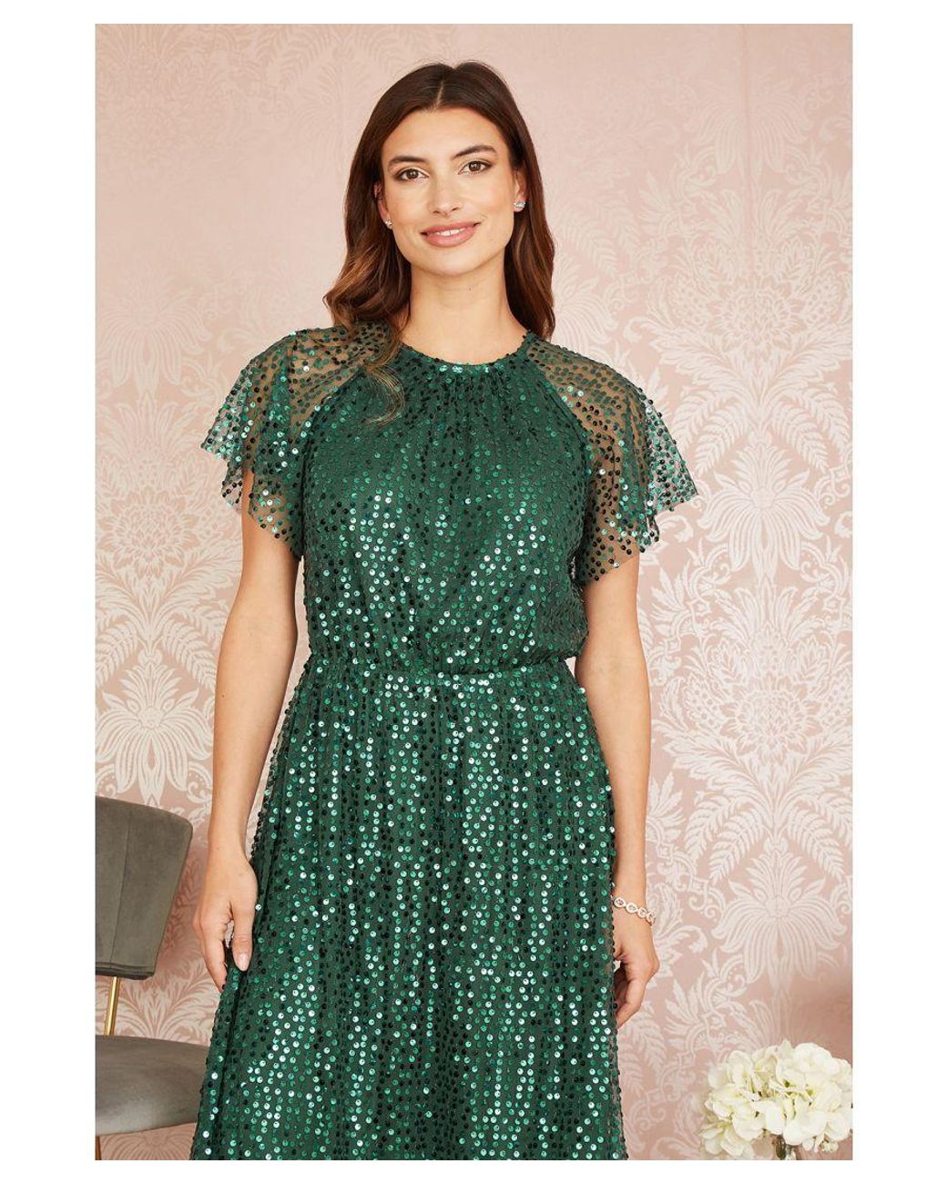 Yumi' Green Sequin Angel Sleeve Midi Dress