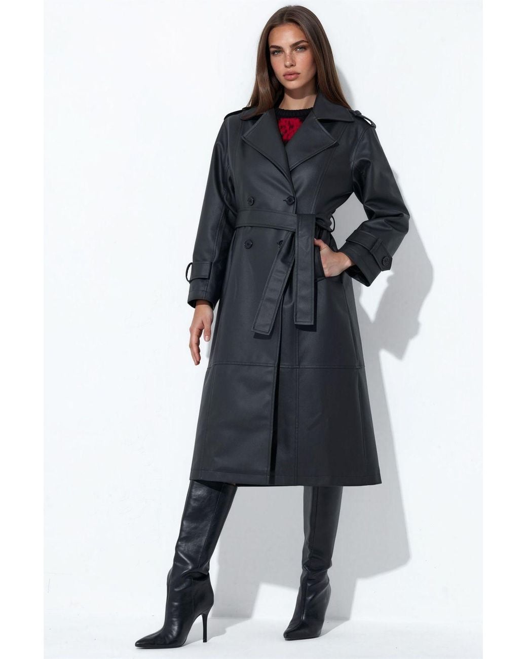 Hiccup Black Belted Long Faux Leather Trench Coat
