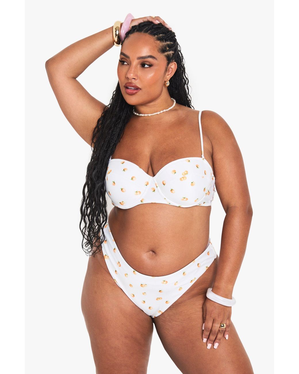 Boohoo Orange Plus Tangerine Print Padded Balcony Bikini Top