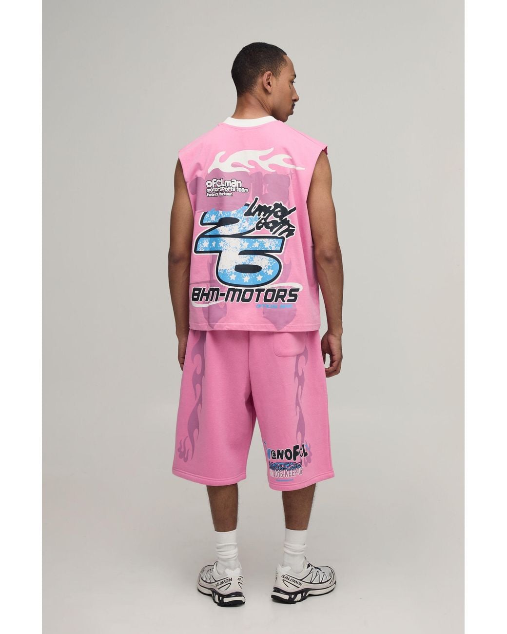 BoohooMAN Pink Oversized Boxy Moto Graphic Tank And Jort Set for men