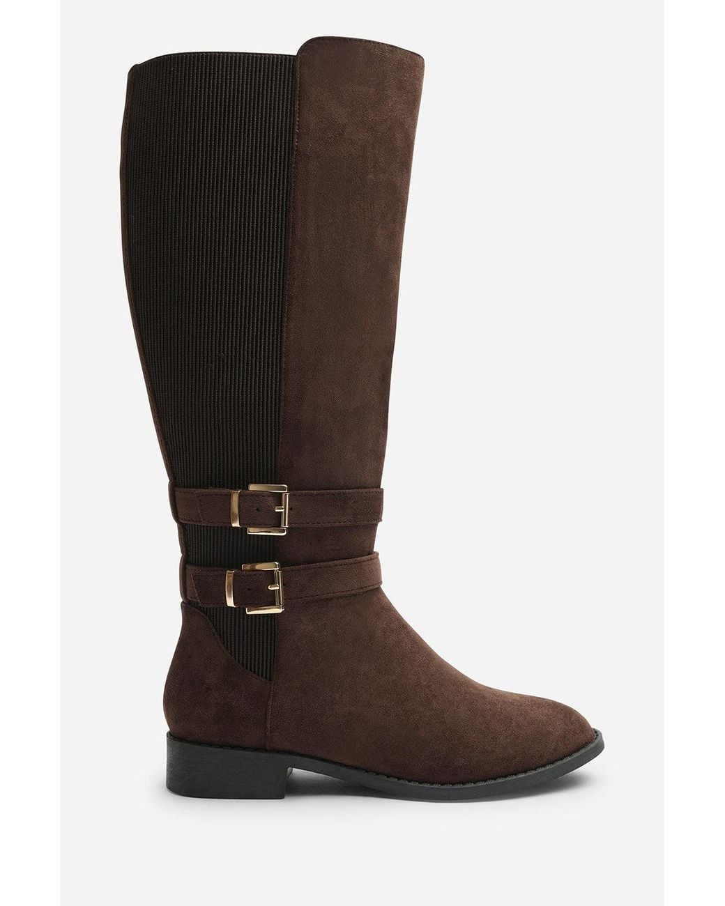Where's That From Black Elaris Wide Fit Double Buckle Detail Stretch Elastic Knee High Riding Boots