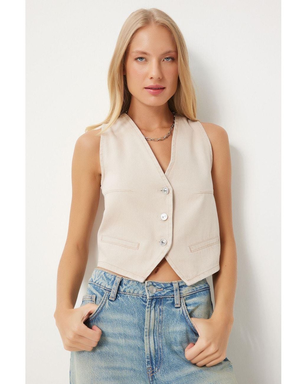 Happiness İstanbul White Denim V-Neck Sleeveless Crop Waistcoat