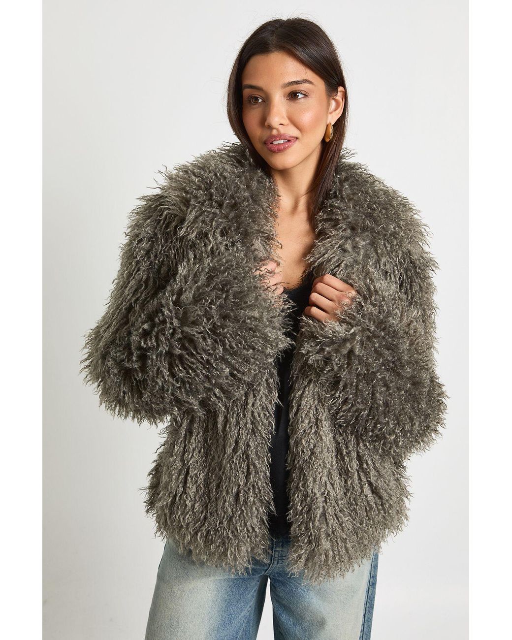 Boohoo Brown Shaggy Look Faux Fur Jacket