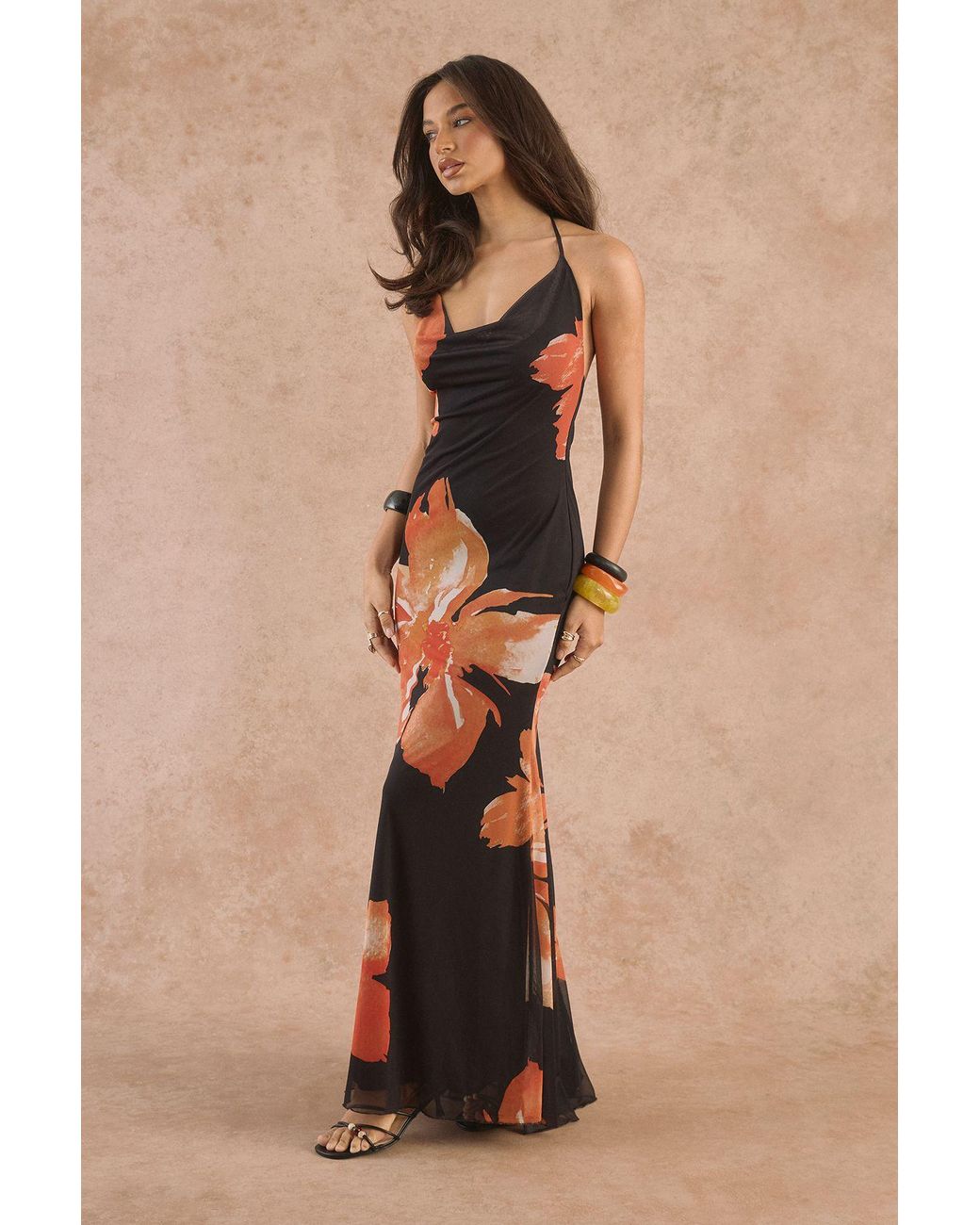 Boohoo Natural Printed Puddle Hem Maxi Dress Elastane