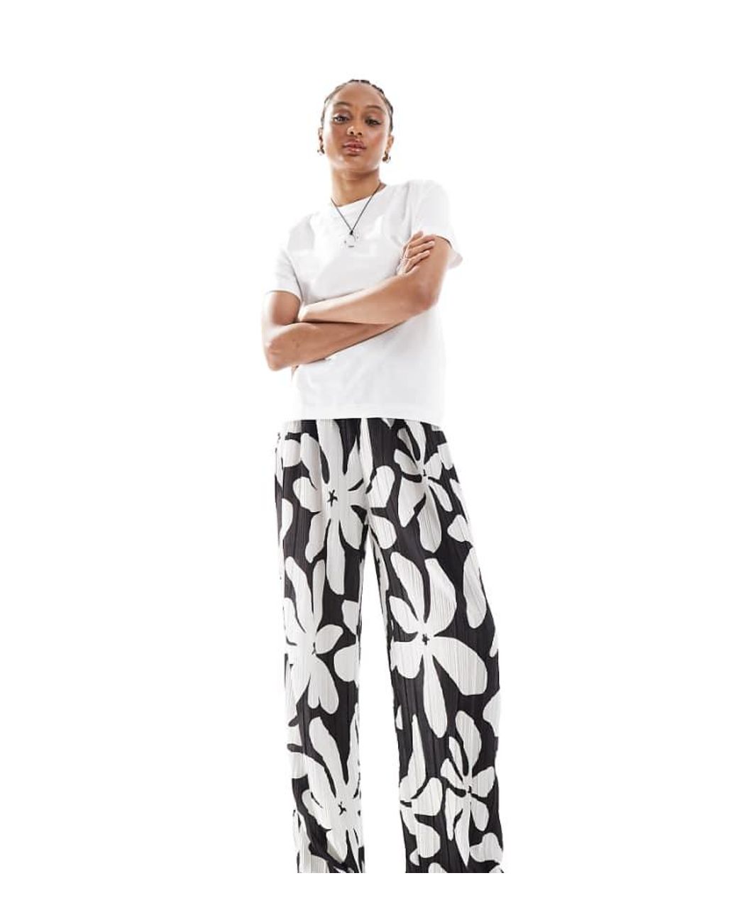 Vero Moda White High Waist Wide Leg Plisse Trouser