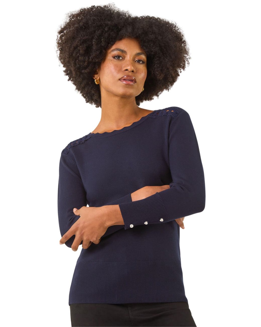 Roman Blue Scalloped Neck Knit Jumper