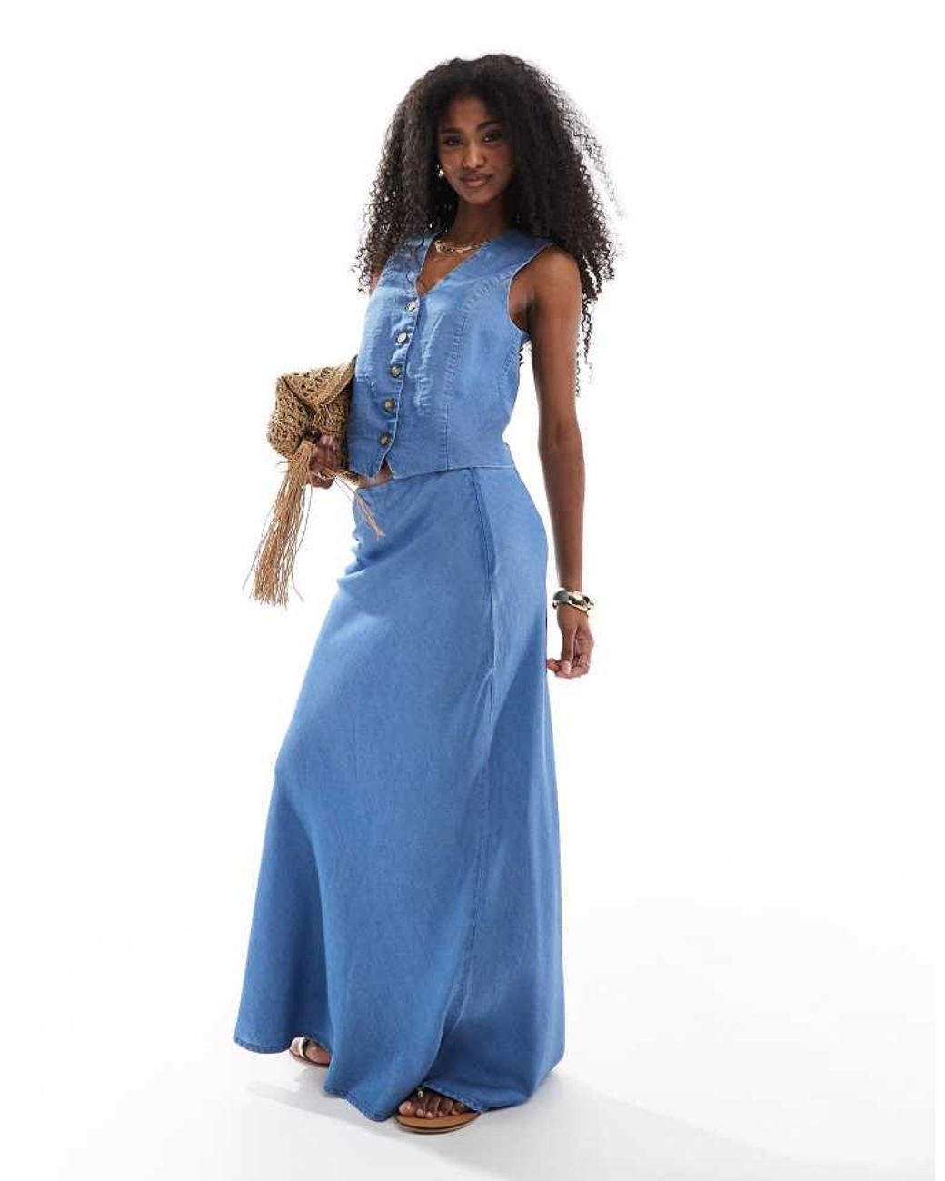 ONLY Blue Chambray Denim Waistcoat Co-Ord