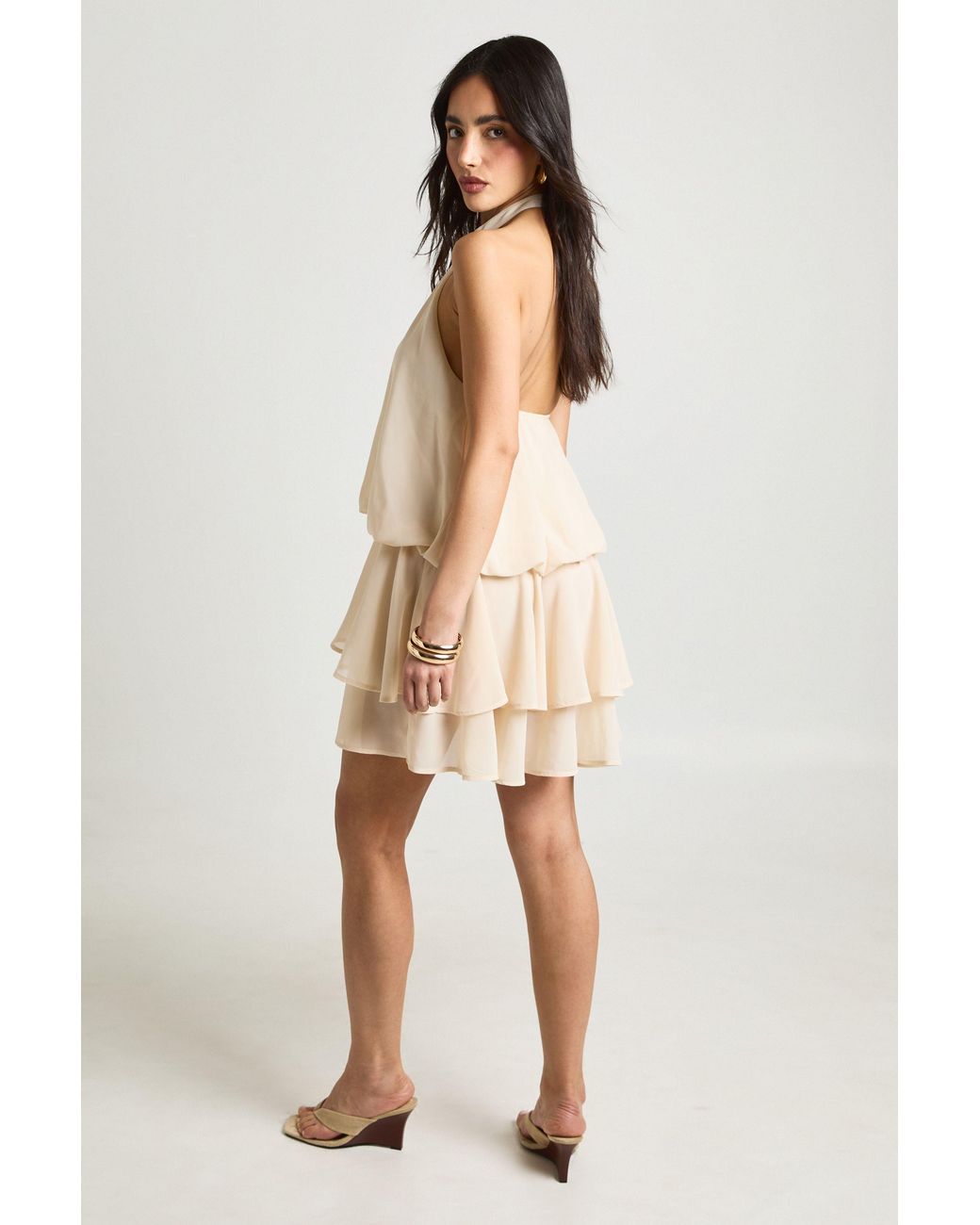 Boohoo Natural Chiffon High Neck Frill Skirt Mini Dress