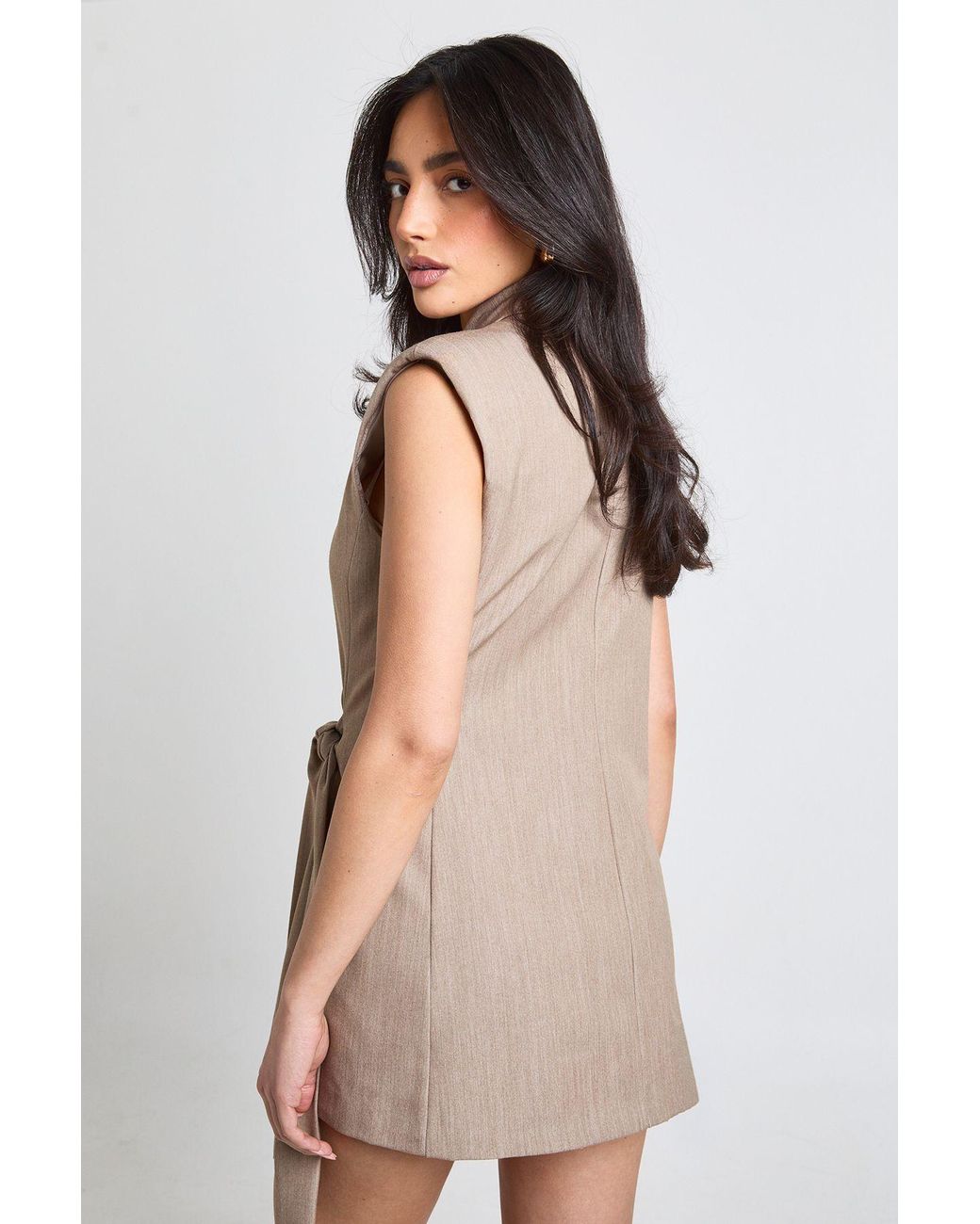 Boohoo Gray Linen Look Tie Waist Sleeveless Blazer Dress