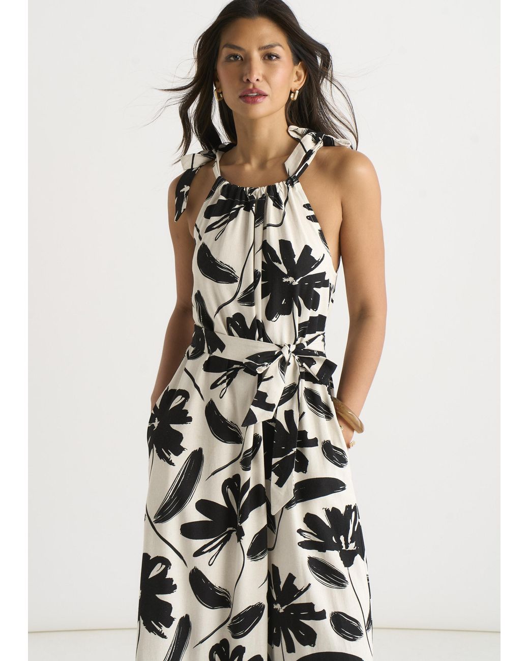 Gini London White Mono Stencil Linen Mix Belted Trapeze Dress