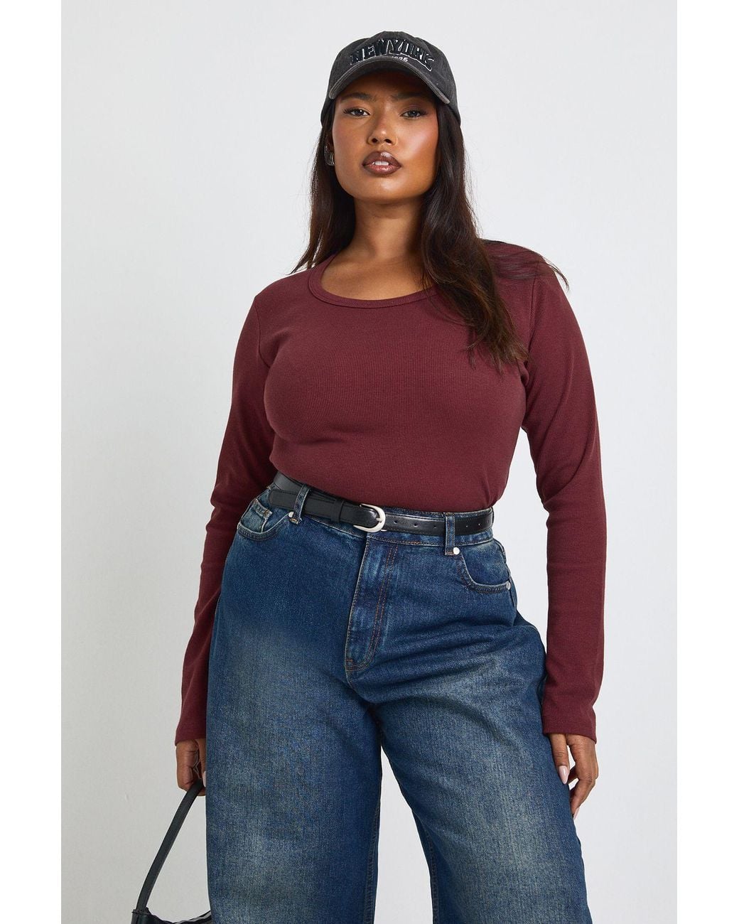 Boohoo Red Plus Basic Rib Scoop Neck Longline Long Sleeve Fitted Top