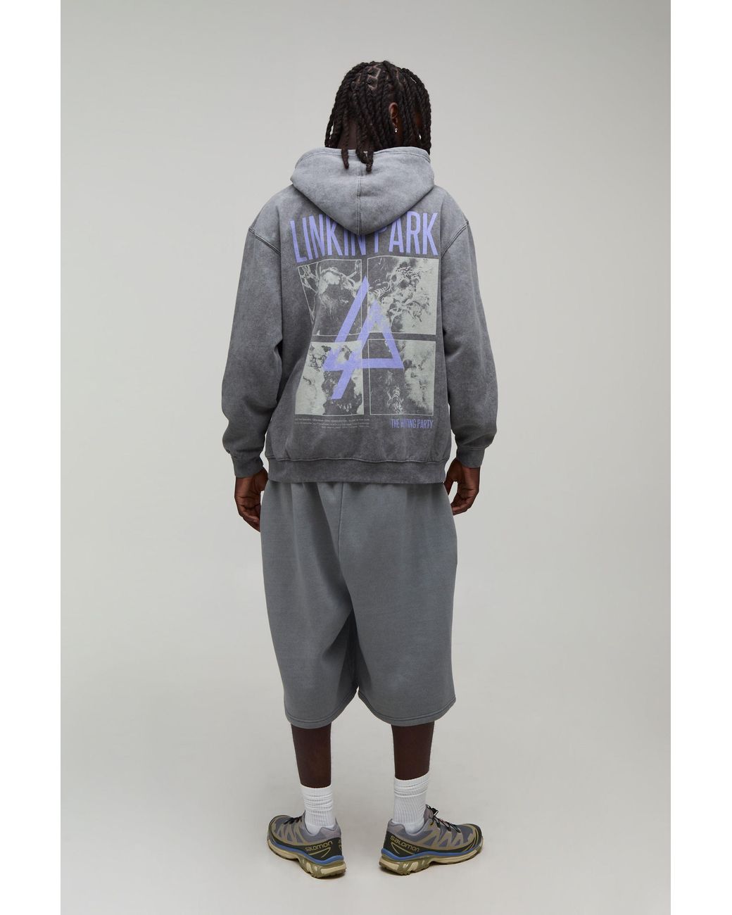 BoohooMAN Gray Oversized Linkin Park Acid Wash License Print Hoodie for men