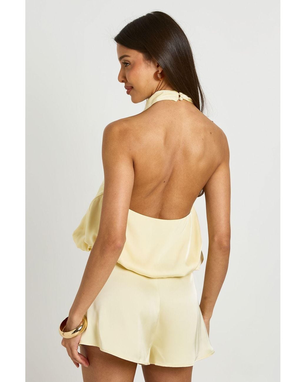 Boohoo Natural Satin Halterneck Lowback Playsuit