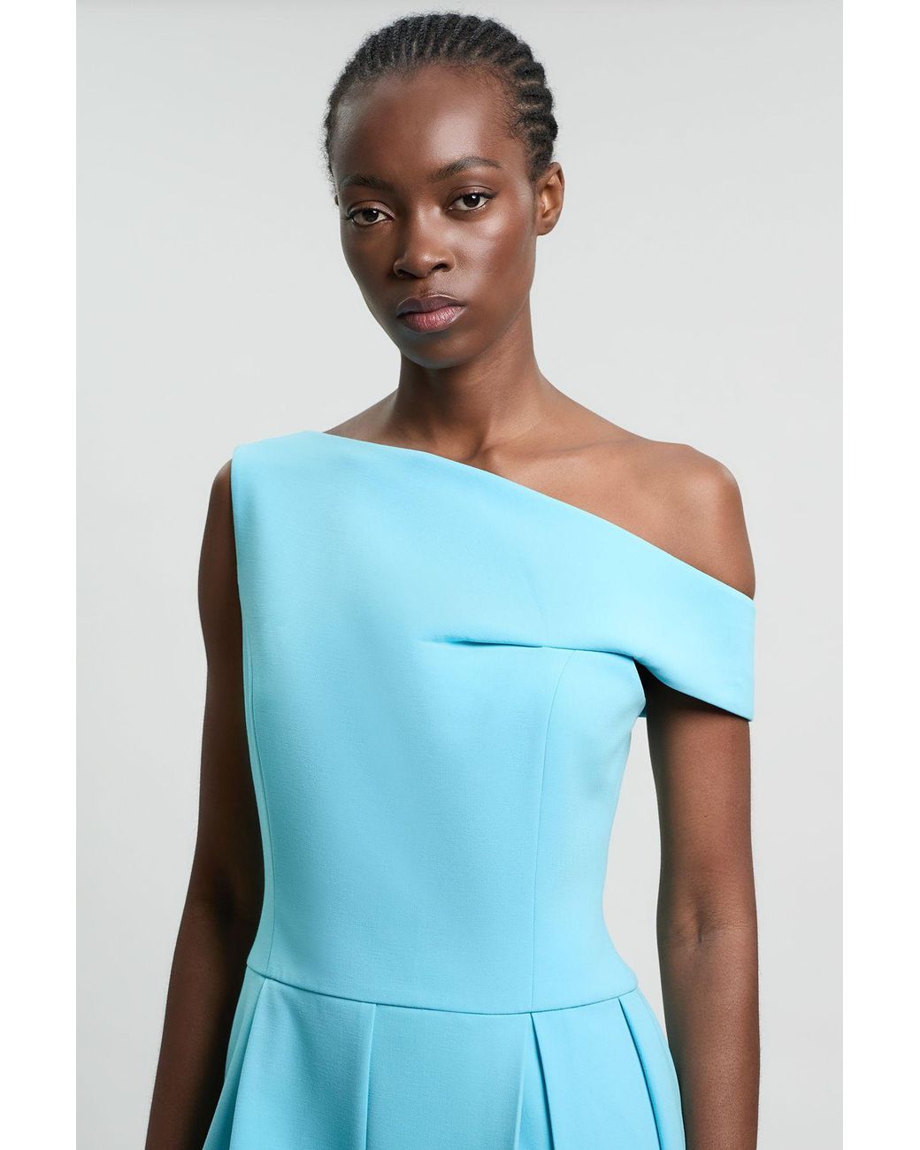 Karen Millen Blue Compact Stretch Asymmetric Neck Wide Leg Jumpsuit