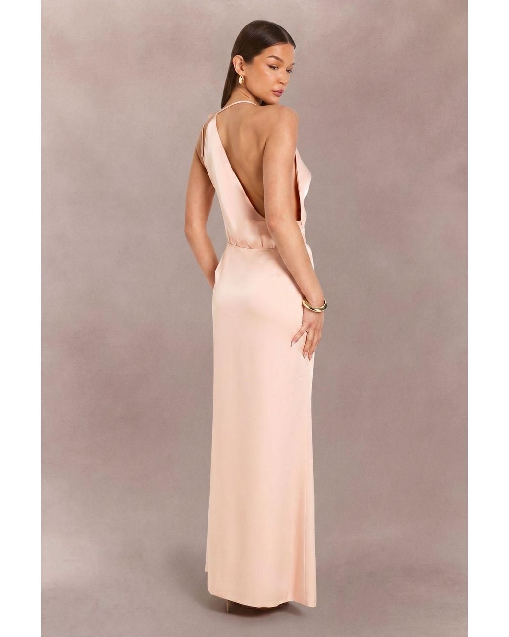 Boohoo Natural Satin Halterneck Cowl Neck Maxi Dress