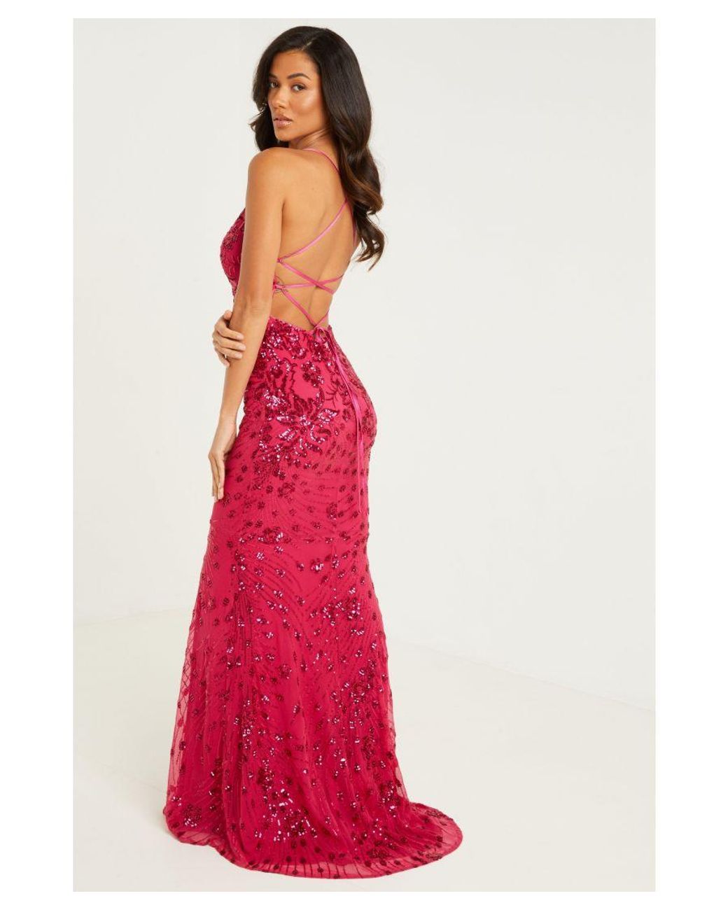 Quiz Hot Pink Sequin Cross Back Maxi Dress in Red Lyst UK