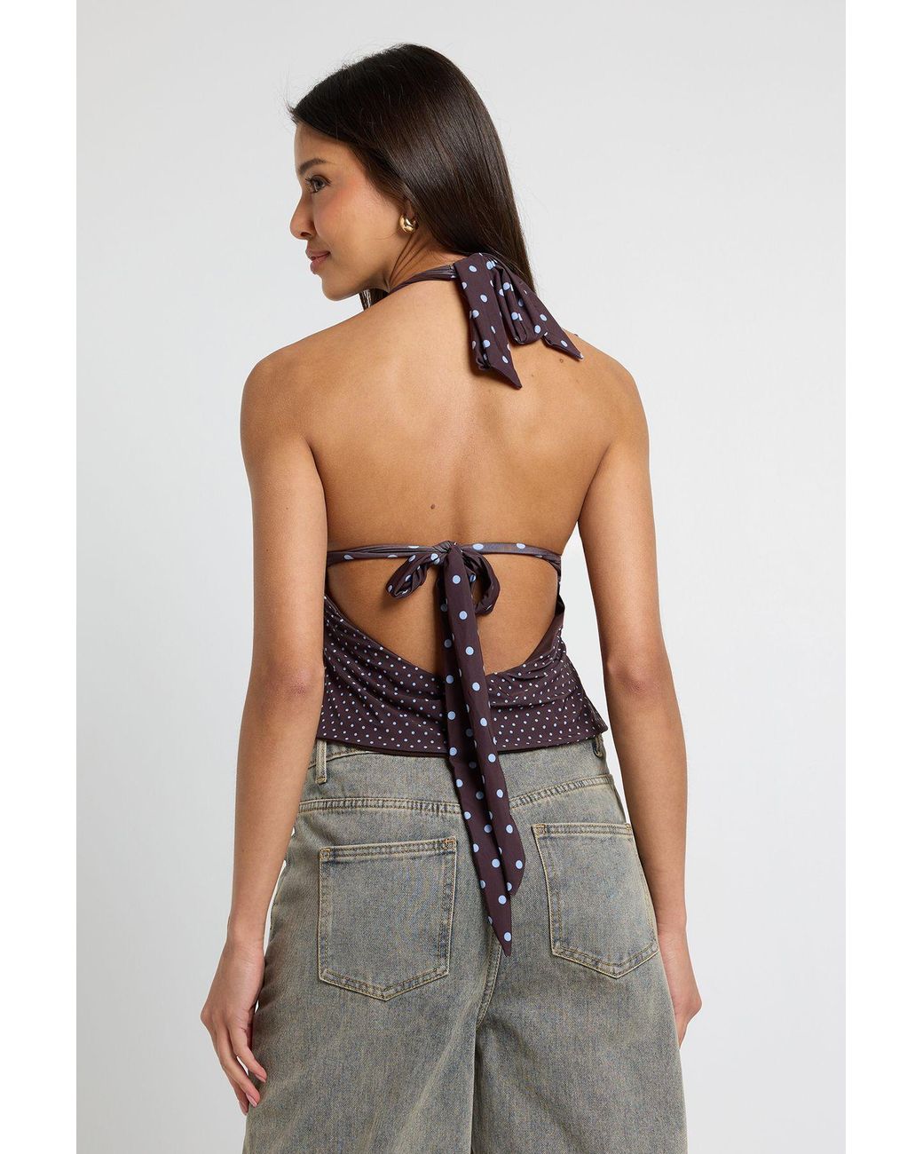 Boohoo Purple Mix Polka Dot Halter Neck Top
