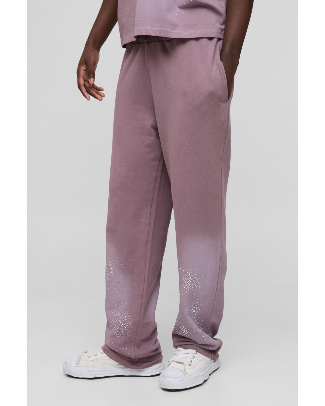 BoohooMAN Purple Relaxed Fit Washed Rhinestone Sweatpants for men