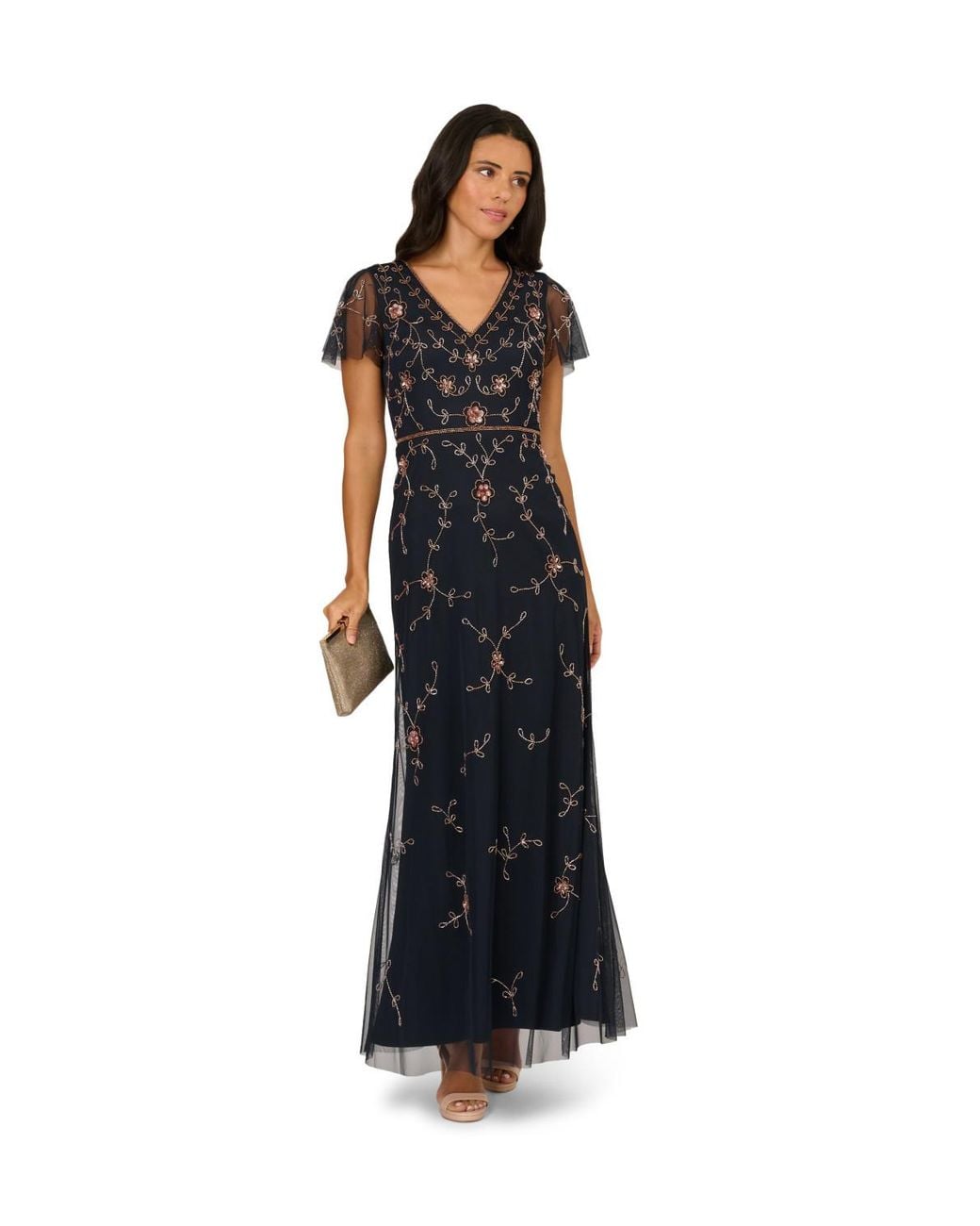 Adrianna Papell Black Studio Bead V Neck Long Dress