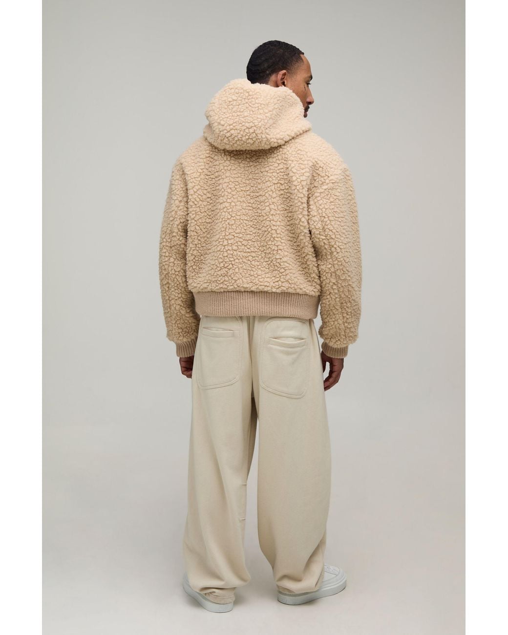BoohooMAN Natural Boxy Fit Chunky Borg Knit Rib Hooded Jacket for men