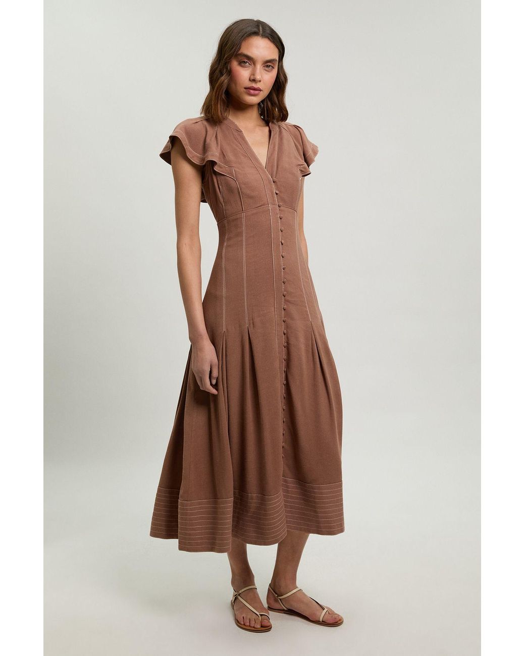 Karen Millen Brown Contrast Topstitch Seam Detail Midi Dress