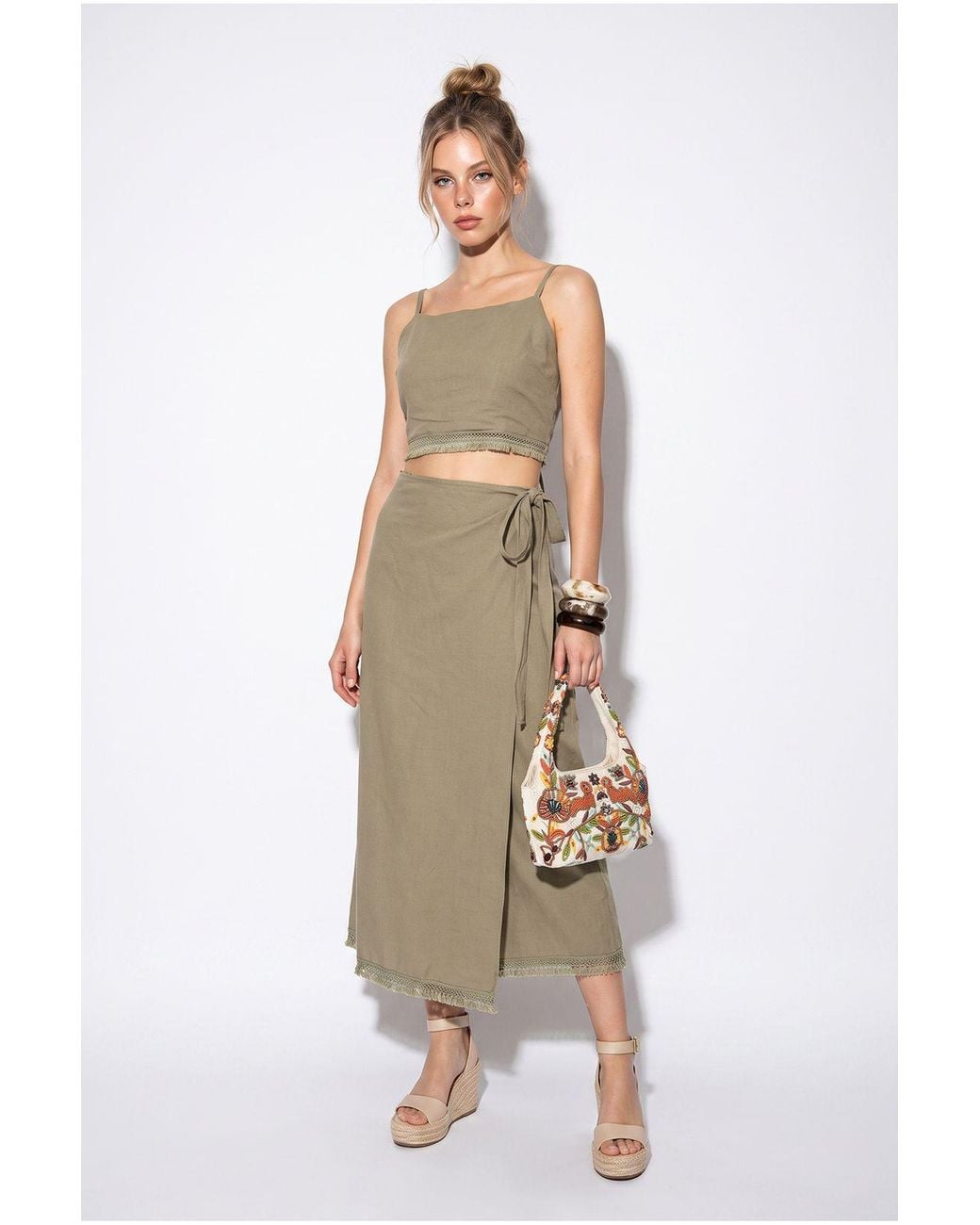 Bianco Lucci Natural Two-Piece Viscose Cotton Blouse And Skirt Set