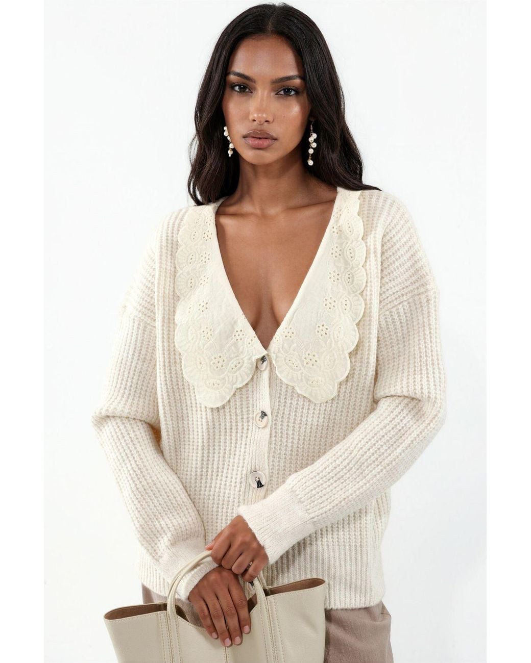 Hiccup Natural Buttoned Knit Cardigan With Collar Detail