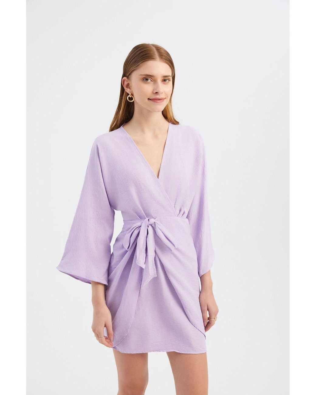 Hiccup Purple V Neck Balloon Sleeves Mini Wrap Dress