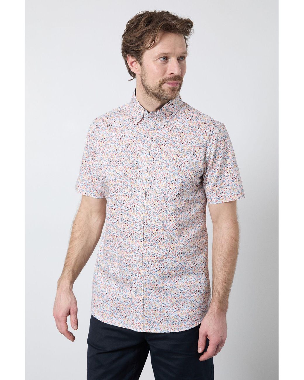 MAINE White Floral Print Short Sleeve Shirt Cotton for men