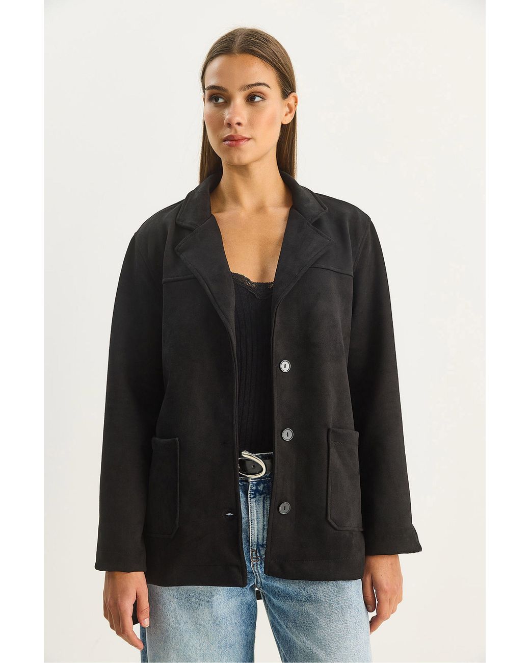 Bianco Lucci Black Faux Suede Button-Up Jacket
