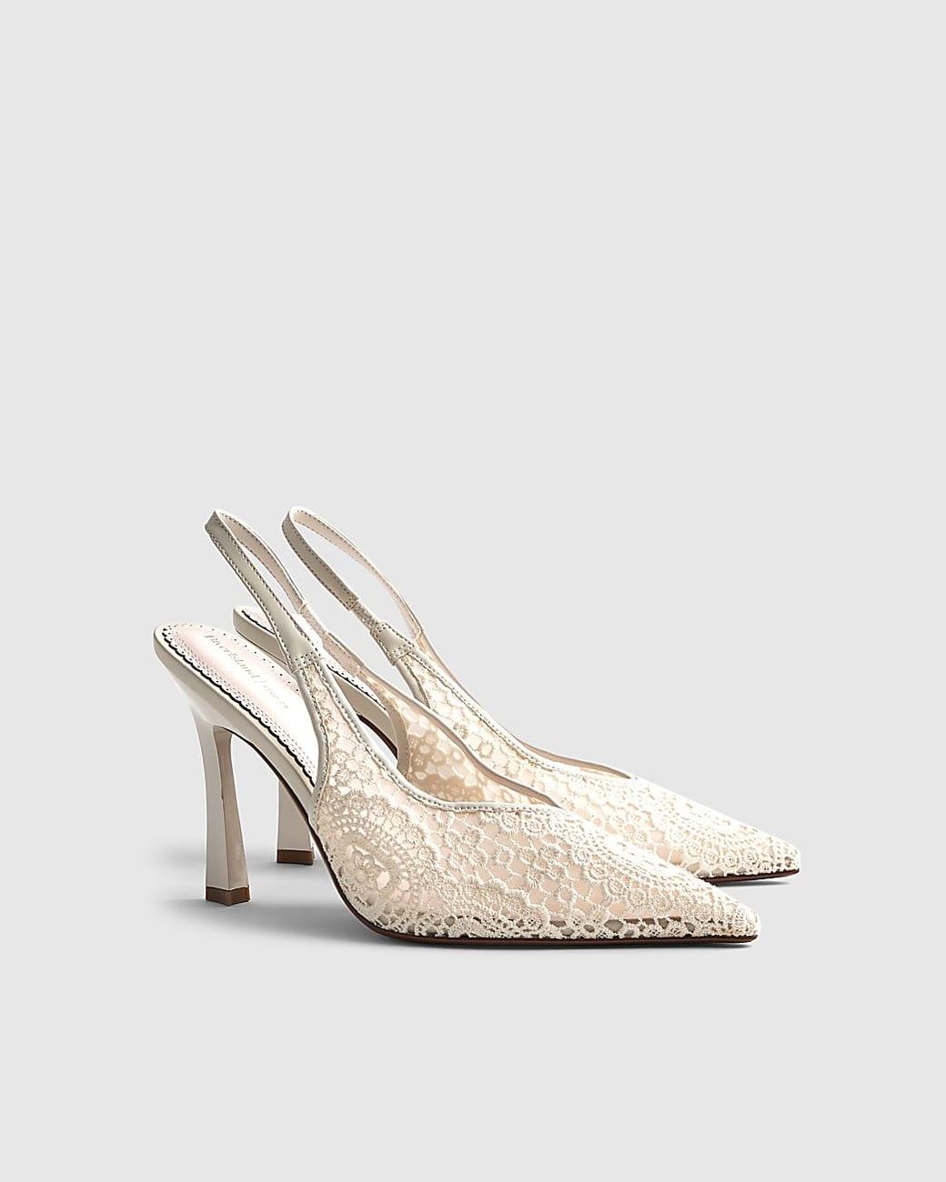 River Island White Heels Crochet Slingback Shoes Textile