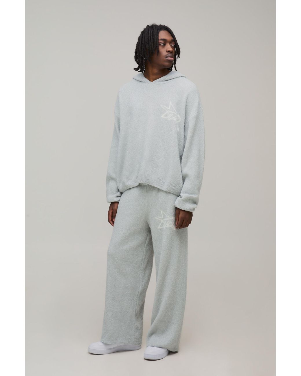 BoohooMAN Gray Oversized Boxy Hooded Boucle Knitted Tracksuit for men