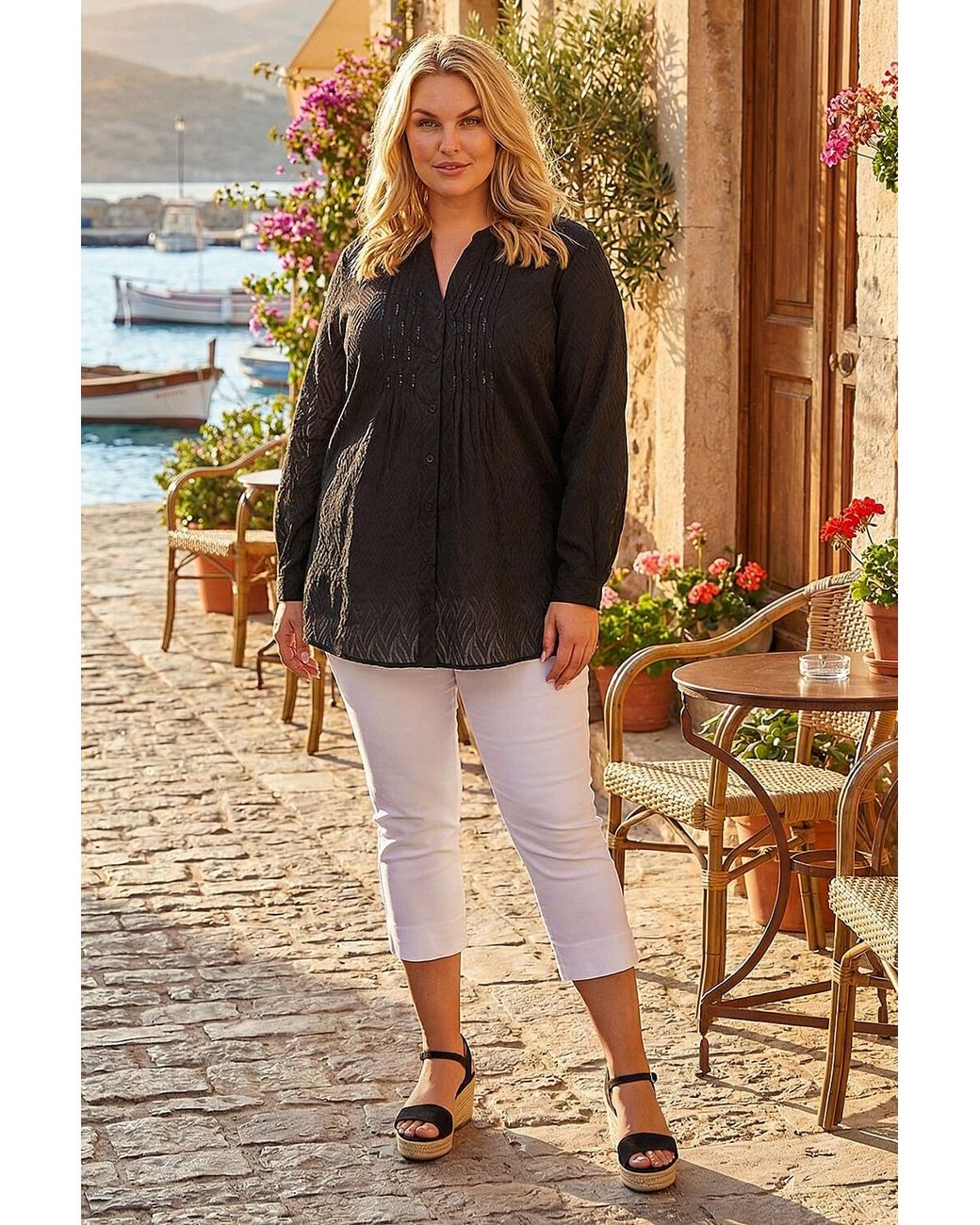 Roman Black Curve Shimmer Jacquard Blouse